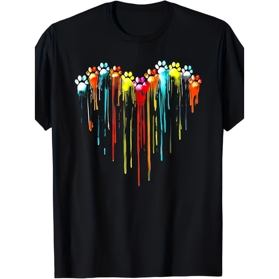 Colorful Dog Paw Heart Print T-Shirt