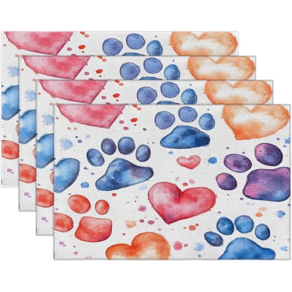 Colorful Dog Paw Placemats Set of 4 Linen Fabric Place Mats Heat Resistant Machine Washable Placemats Non-Slip Place Mat for Kitchen Dining Table