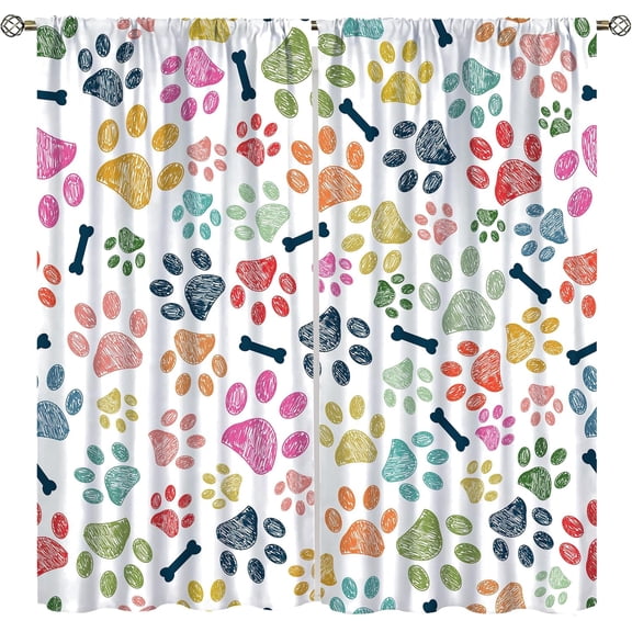 Colorful Dog Paw Print Curtains, Cute Hand Painted Animal Dog Paw Print Dog Bone Doodle Print Pattern, Kids Boys Girls Bedroom Living Room Decorative Curtains,42X63 Inch