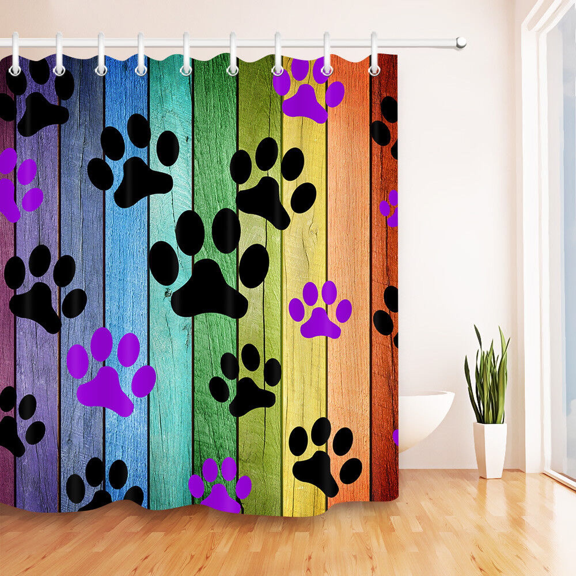 Colorful Dog Paw Print Waterproof Shower Curtain with Rainbow Wooden Design Perfect for Pet