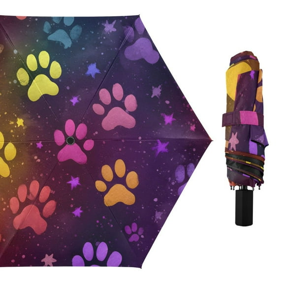 Colorful Dog Paws Stars Print All Weather Umbrella Triple Folding Parasol 6 Ribs UV Protection Portable