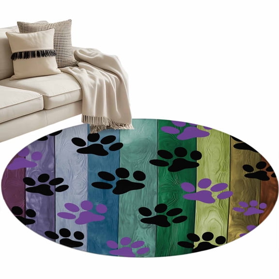 Colorful Dog Round Area Rug 3ft Paw Prints on The Board Non-Slip Washable Circle Rugs Soft Felt Indoor Floor Mat for Bedroom Kitchen Living Room Bathroom
