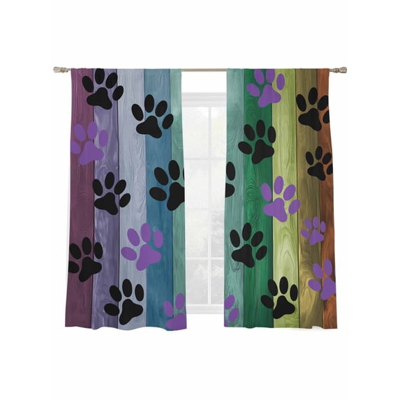 Colorful Dog Sheer Curtains for Living Room Bedroom, Light-filtering Sheer Curtain, Paw Prints on The Board Rod Pocket Voile Window Treatment Drapes, 52’’Wx72’’L, 2 Panels Set