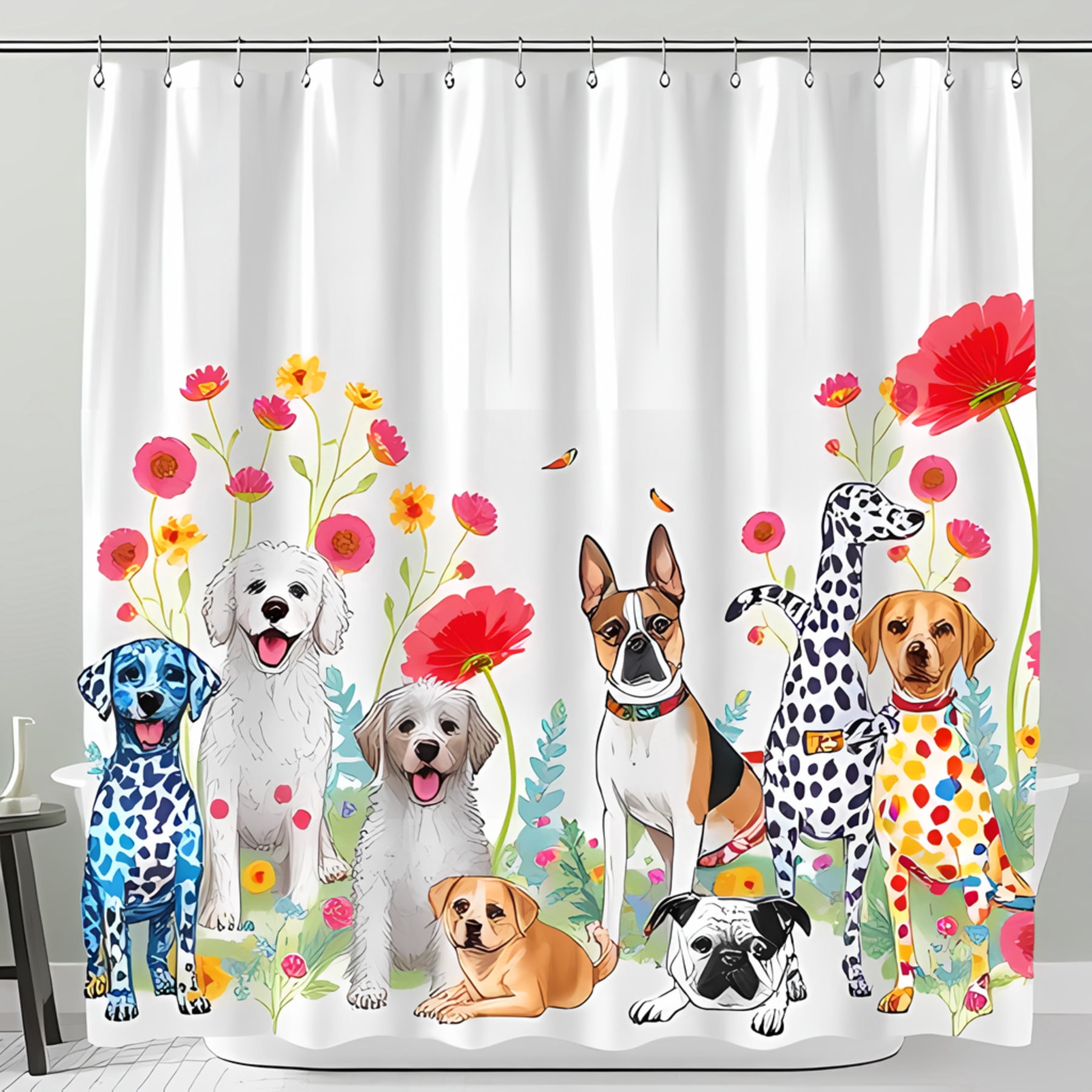 Colorful Dog Shower Curtain with Vibrant Floral Design - Playful
