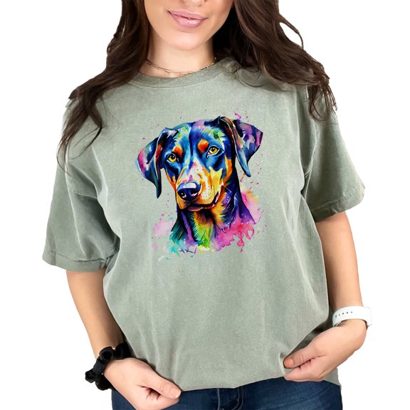 Colorful Dog T-Shirt, Watercolor Dog Art Tee, Unique Animal Lover Shirt, Vibrant Dog Portrait Top, Artistic Dog T-Shirt for Pet Lovers, Moss Comfort Colors T-Shirt, Large