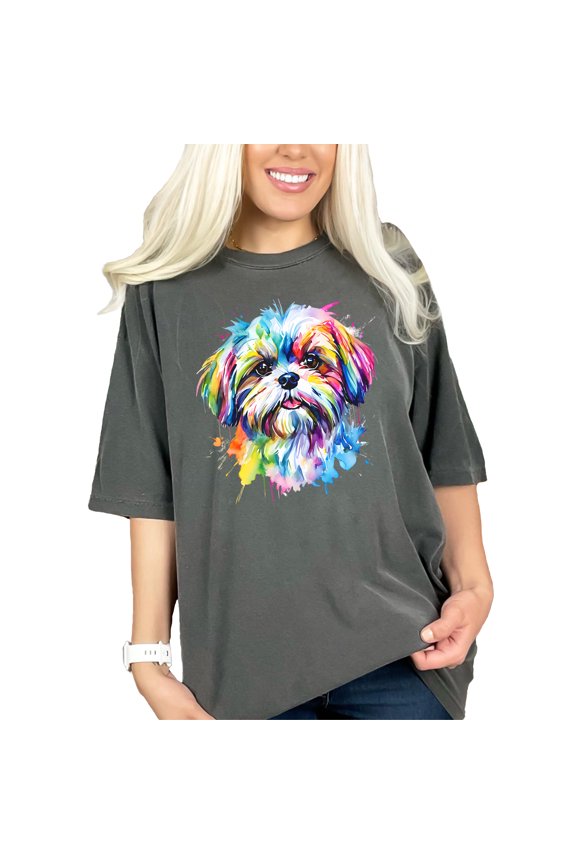 Colorful Dog T-Shirt, Watercolor Dog Tee, Artistic Dog Print Shirt, Cute Dog Lover Gift, Unique Dog Art Apparel, Vibrant Dog Graphic Top, Pepper Comfort Colors T-Shirt, Medium