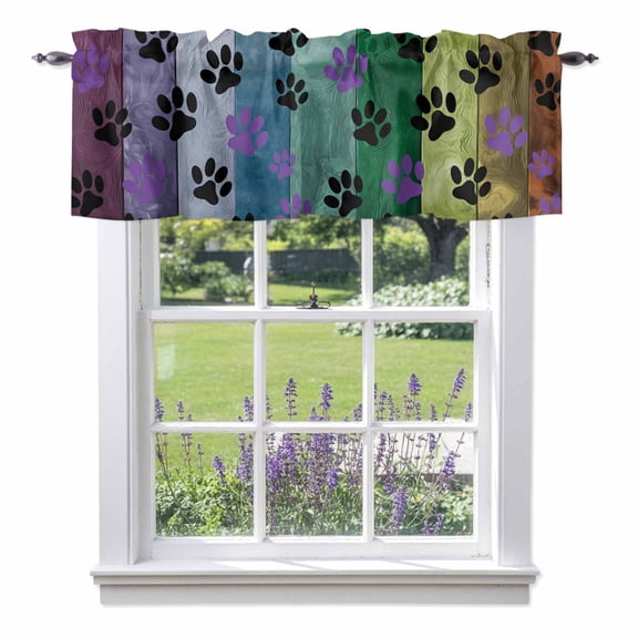 Colorful Dog Valances for Windows, Paw Prints on The Board Valance Window Treatment Rod Pocket Short Curtains Valances for Kitchen Bathroom 42"W x 12"L