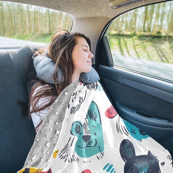 Colorful Dogs Face Travel Blanket Pillow Compact Foldable Airplane Throw Blanket with Trolley Sleeve for Travel Camping