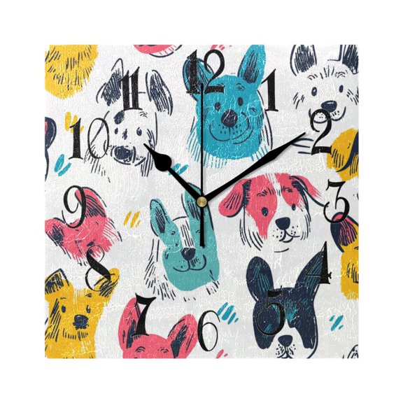 Colorful Dogs Face Wall Clock Decorative Square Silent Non-Ticking Operated Clocks Aesthetic for Bedroom Living Room