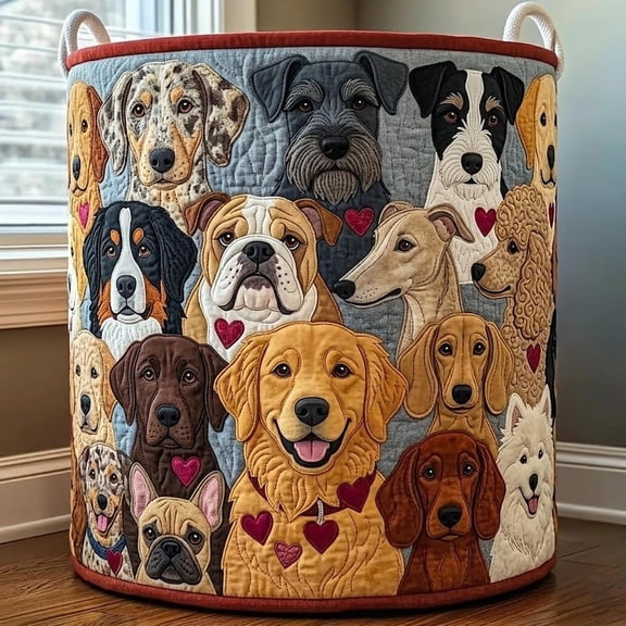 Colorful Dogs Quilted Laundry Basket: Dogs Parade Foldable Quilt Hamper
