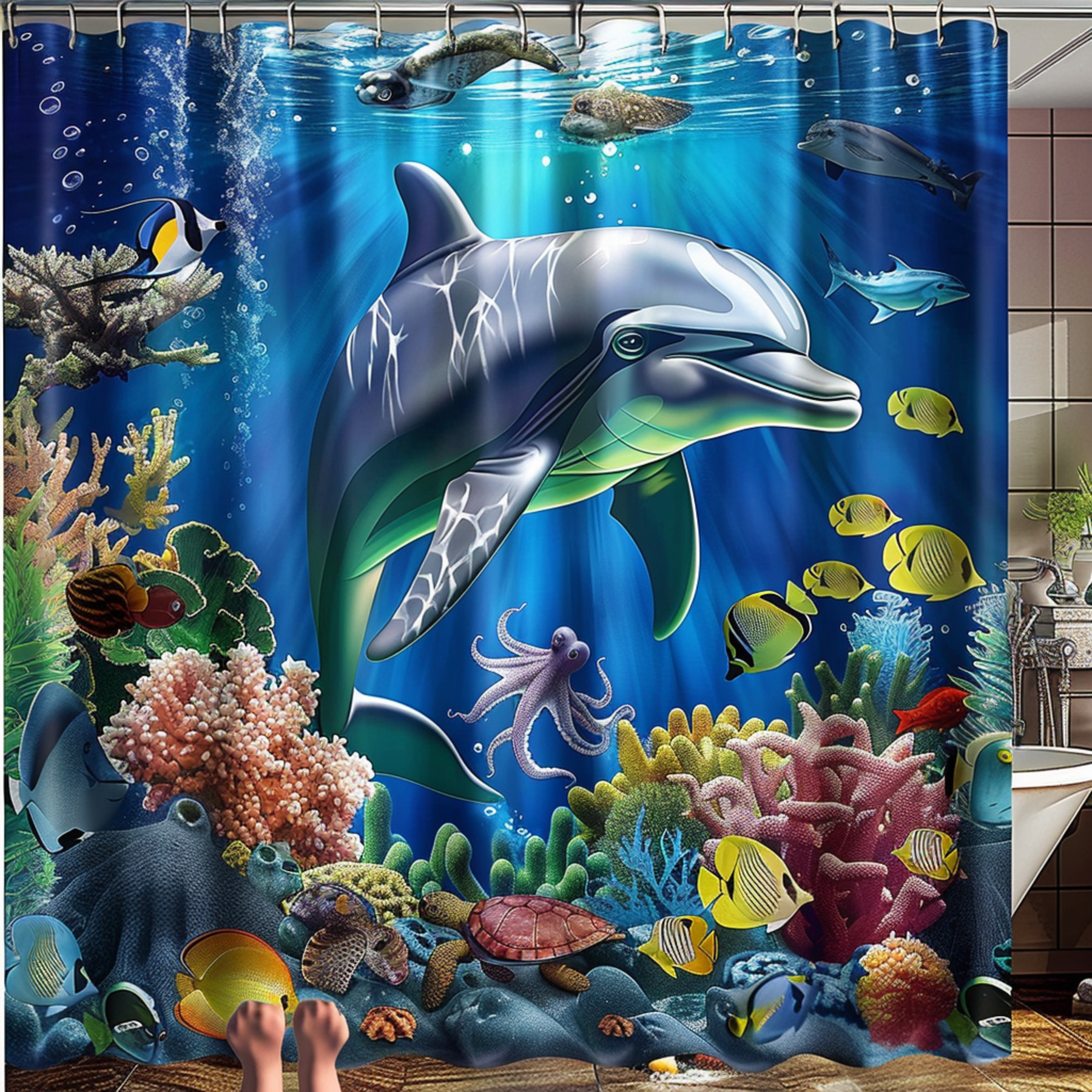 Colorful Dolphin and Marine Life Anime Style Bathroom Shower Curtain
