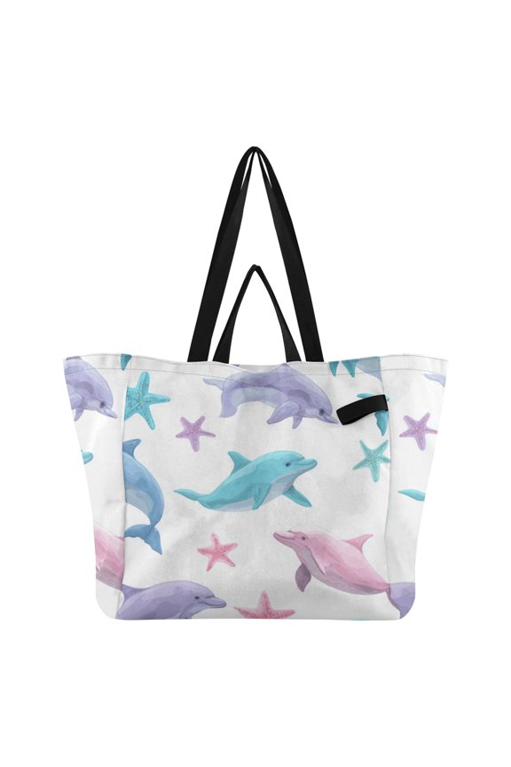 Colorful Dolphins and Starfishes Foldable Canvas Tote Bags Reusable Grocery Bags Laundry Bags Beach Bag 32L
