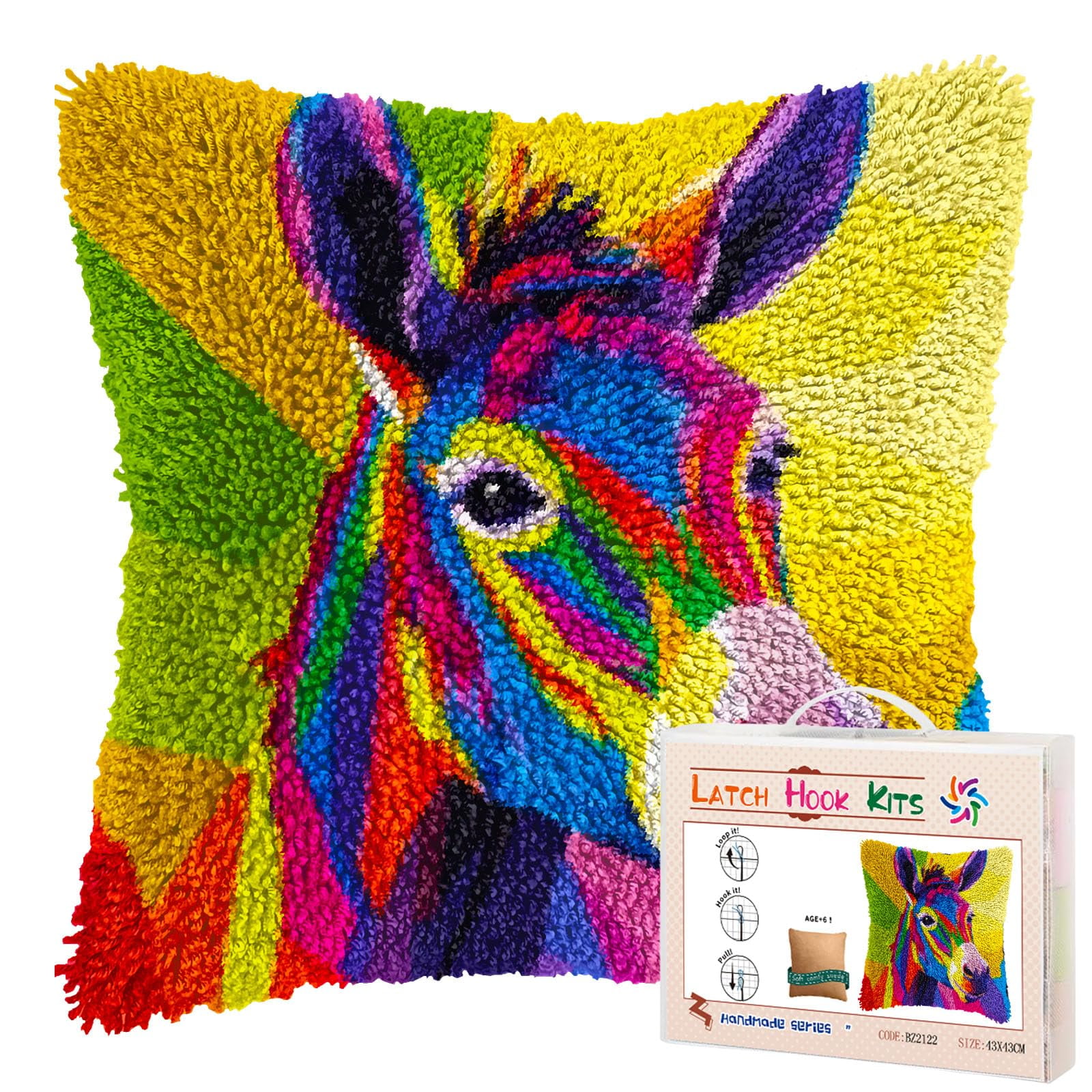 Colorful Donkey DIY Latch Hook Pillow Kits for Adults Printed Pillowcase Crochet Yarns Hooking Handmade Pillow Cover Cushion for Home Sofa Decoration 17x17inch