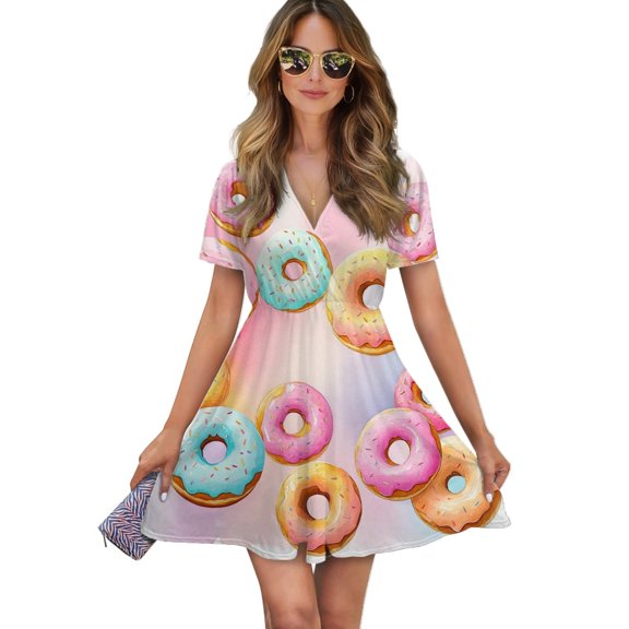 Colorful Donut Pattern Print Women Dress V-Neck Short Sleeve Flowy Swing Party Midi Dress