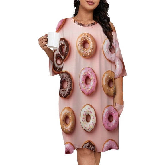 Colorful Donut Pattern Sleepshirts For Sleeping Travels Loose Sleepdress Pajama Dress Soft Nightdress Sleepwear
