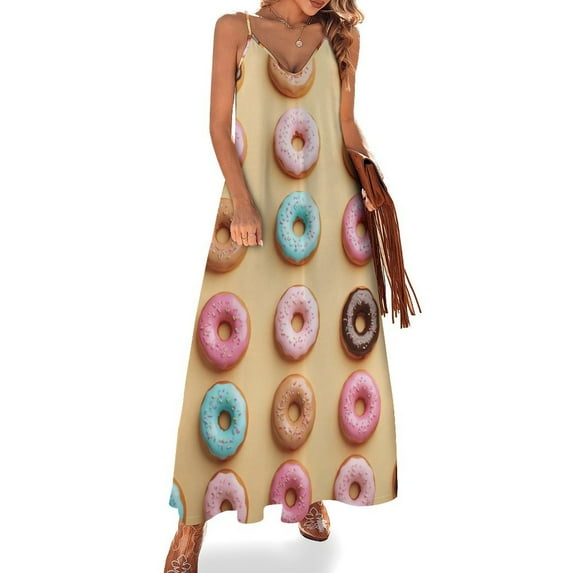 Colorful Donut Pattern Sleeveless Suspender Dress Summer Fashion Casual Long Dress
