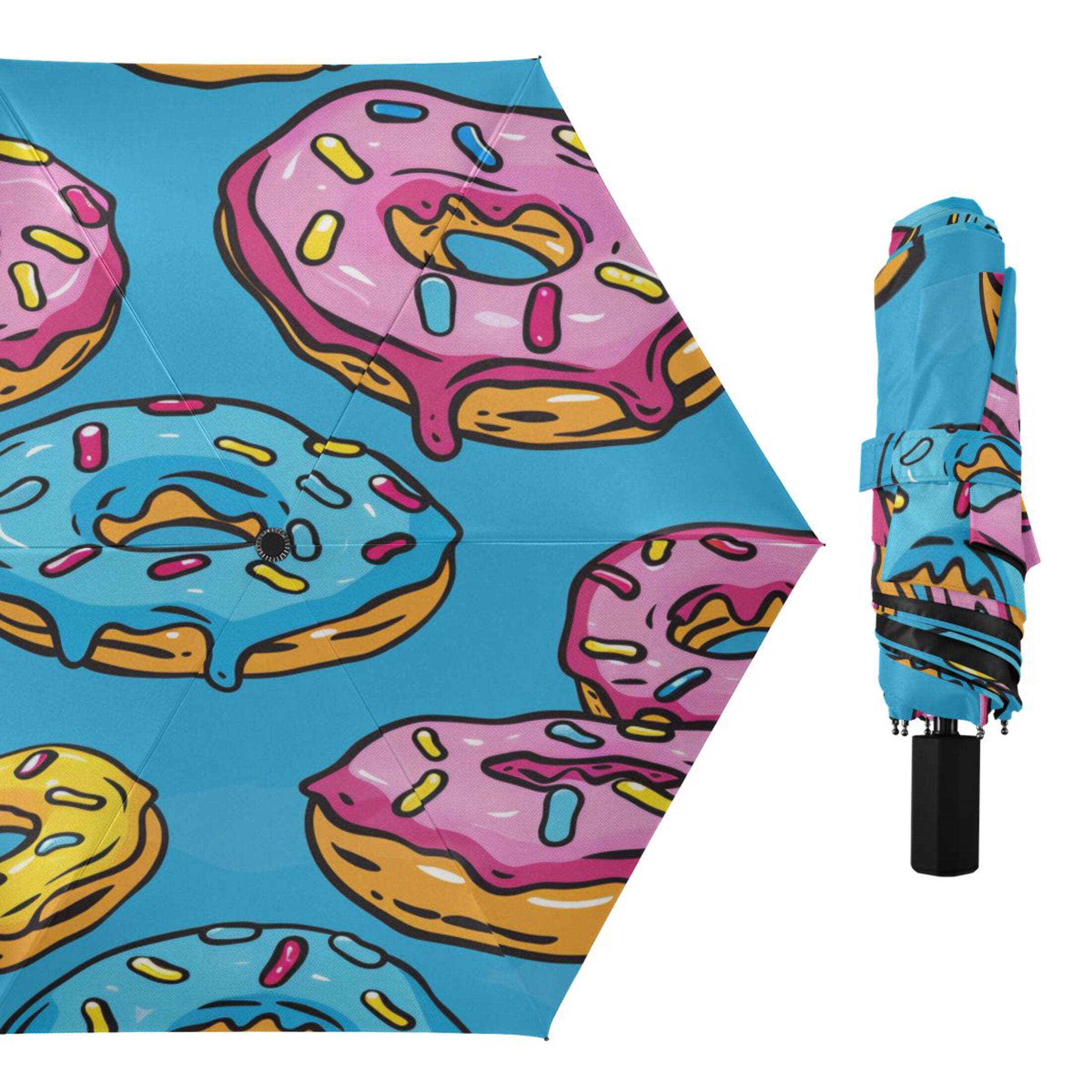 Colorful Donuts Cartoon All Weather Umbrella Triple Folding Parasol 6 Ribs UV Protection Portable