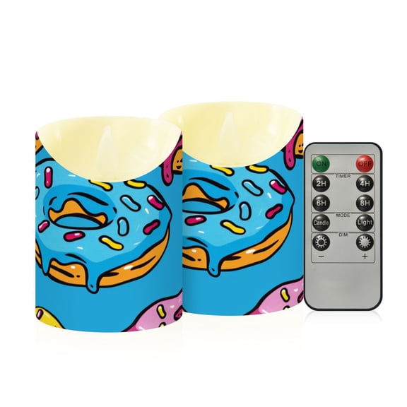 Colorful Donuts Cartoon Flickering Flameless Candles with Remote Timer Battery Operated LED Tealight Set of 2 S