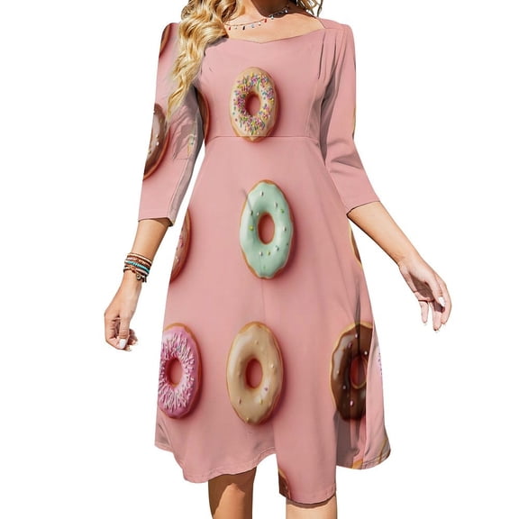Colorful Donuts Pattern Women's 3/4 Sleeve Dresses Elegant A-Line Midi Dress Flare Summer Casual Sundress
