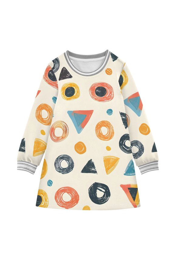 Colorful Doodle Circles Triangles Long-sleeved Dress A-line Dress for 2-8 Years Casual Party 2T