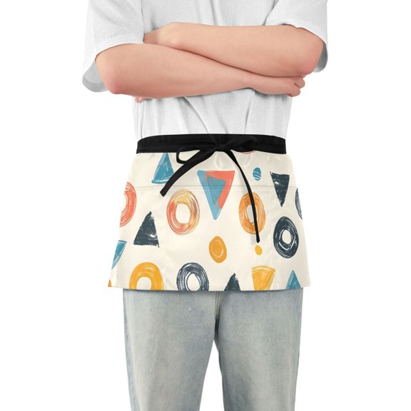 Colorful Doodle Circles Triangles Short Server Apron with 3 Pockets for Unisex Chef Gardening