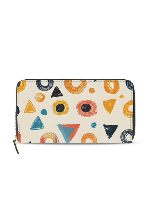 Colorful Doodle Circles Triangles Women's Long Zipper Wallet Bifold Clutch Purse PU Leather Card Cases
