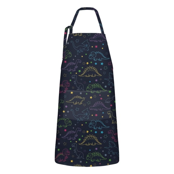 Colorful Doodle Dinosaurs Dark Pattern Apron-Garden Aprons for Women with Pockets-Cotton Linen Waterproof Kitchen Cooking Gardening Aprons Adjustable for Kitchen,Cooking,BBQ and Salon 33x27 Inch