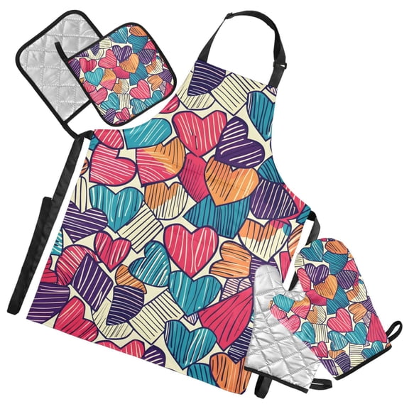 Colorful Doodle Hearts 5 Pcs Kitchen Set Heat Resistant Oven Mitts and Non-Slip Pot Holders with Adjustable Cooking Apron
