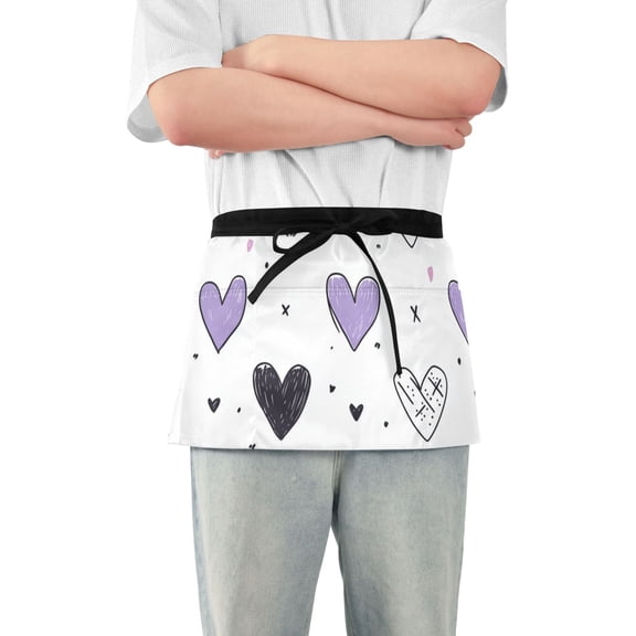 Colorful Doodle Hearts and X Marks Short Server Apron with 3 Pockets for Unisex Chef Gardening