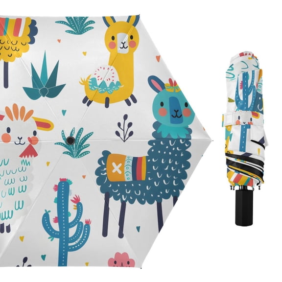 Colorful Doodle Sheep Cactus All Weather Umbrella Triple Folding Parasol 6 Ribs UV Protection Portable