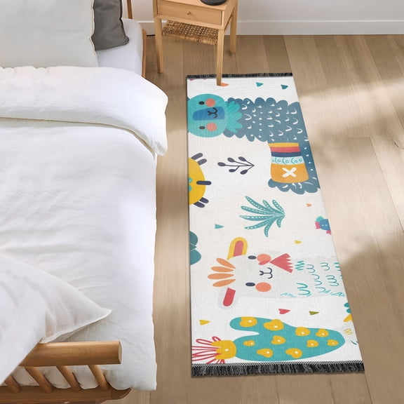 Colorful Doodle Sheep Cactus Bedside Runner Rug 2'x 6' Non Slip Carpet Floor Mat Area Rug