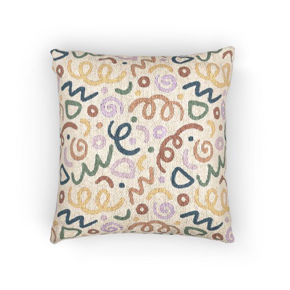 Colorful Doodle Squiggles and Spirals Woven Pillow, Cotton-Polyester Shell, Playful Geometric Style