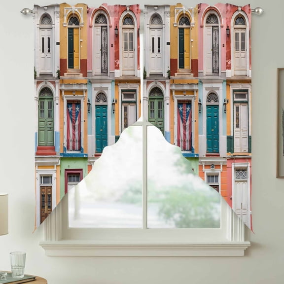 Colorful Door Gate Swag Valances for Windows, Vintage Boho Window Gates Rod Pocket Short Curtains, Machine Washable Kitchen Window Topper for Bathroom Living Room, 28 x 36 Inch, 1 Pair