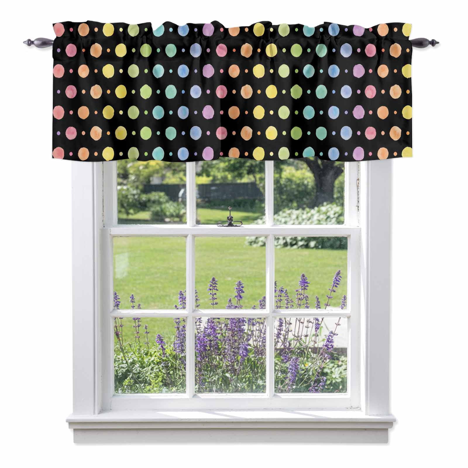 Colorful Dot Polka on Black Valances for Windows,Kitchen Valance Rod