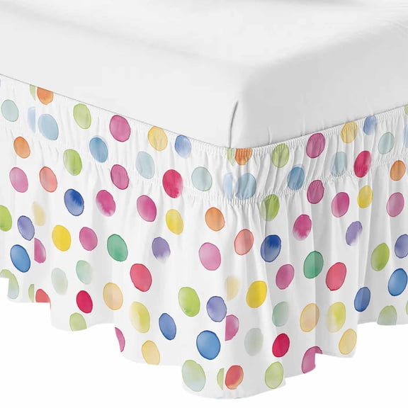 Colorful Dots Bed Skirt Queen Size 16 Inch Drop, Elastic Wrap Around Bed Skirts Pleated Luxury Dust Ruffles For Twin Full Queen Cal King Base Beds, Boho Abstract Rainbow Geometric Modern