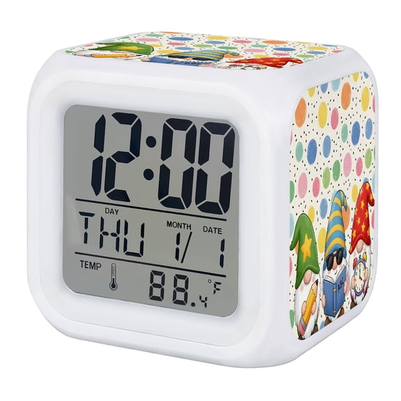 Colorful Dots Digital Alarm Clock for Bedrooms, Smart LED Alarm Clock with 7 Color Changing Night Light, Vibrant Cute Gnomes Books Silent Wake Up Clocks for Sleep Study Cooking 3.2"x3.2"