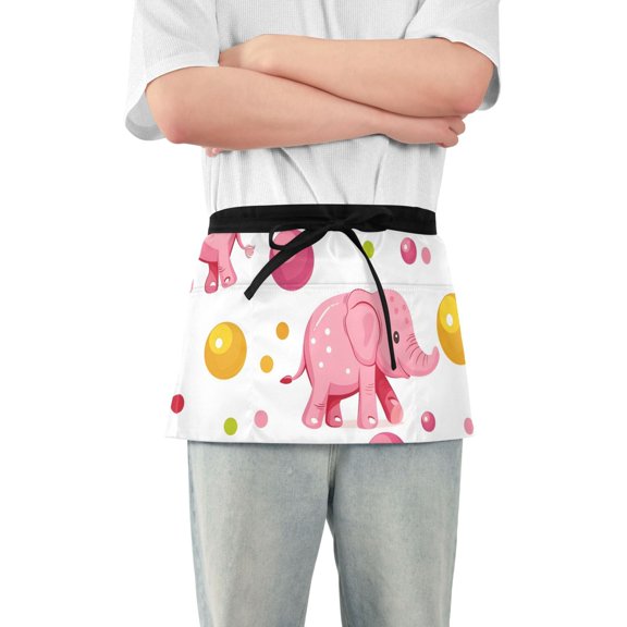 Colorful Dots Elephants Balls Short Server Apron with 3 Pockets for Unisex Chef Gardening