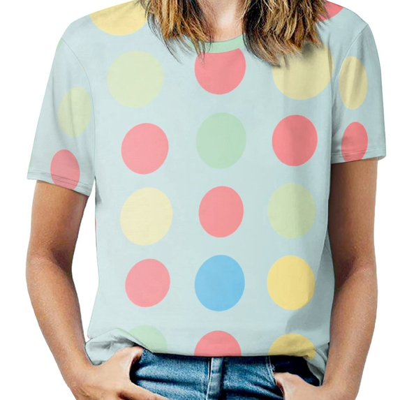 Colorful Dots T-Shirt O Neck Retro Print Big Size T-Shirts Short Sleeve Tees Womens Pretty Design