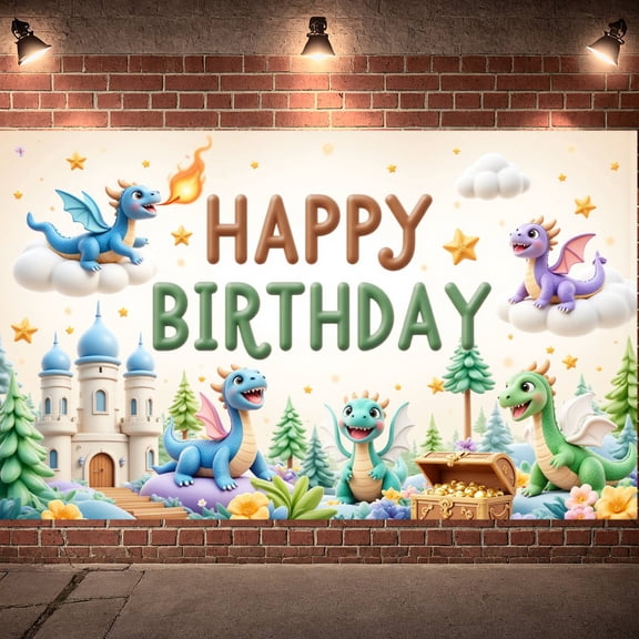 Colorful Dragon Banner Castle Design Dragon Party Display Star Pattern Cartoon Style Birthday Backdrop for Kids Birthday Party Dragon Themed Celebration Indoor Decoration