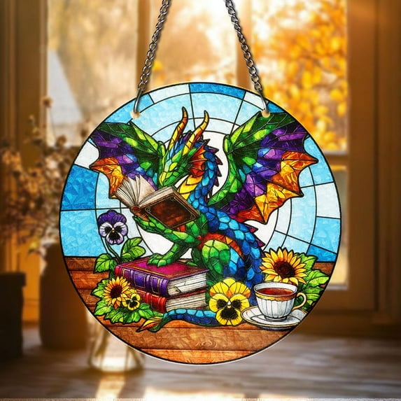 Colorful Dragon Reading Book STAINED GLASS Suncatcher Fantasy Window Art with Books Tea Flowers Gift for Book Lovers Dragon Fans Bookish