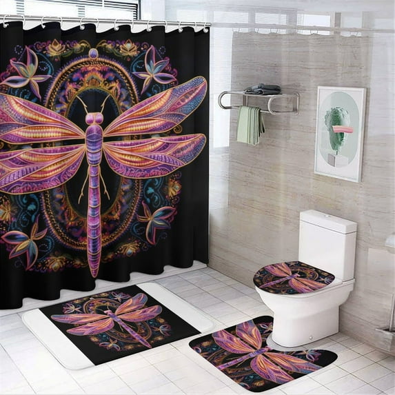 Colorful Dragonfly 4 Pcs Shower Curtain Set Non-Slip Rugs And Toilet Mat Lid Rug Accessories Retro Vintage Dragonfly Waterproof Durable Bathroom Decor Shower for Bathtub Decor