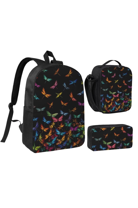 Colorful Dragonfly Black Backpack Set 3pc Including Backpack, Lunch Bag and Pen Bag Combination
