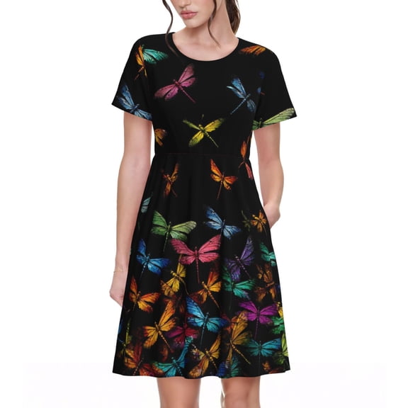 Colorful Dragonfly Black Dresses Short Sleeve Nightdresses for Women