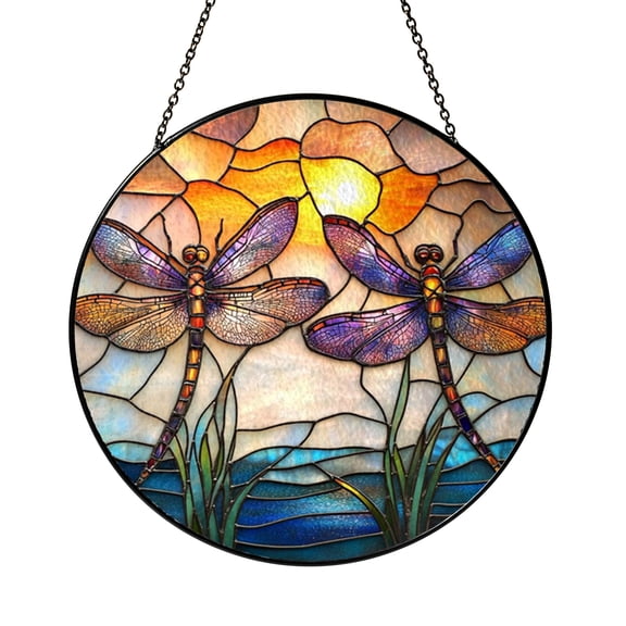 Colorful Dragonfly Botanical Stained Glass Style Round Window Hanging2101