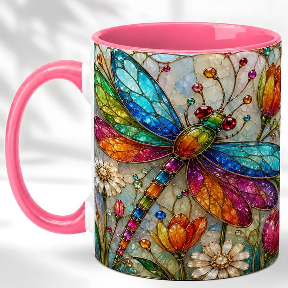 Colorful Dragonfly Coffee Mug, Garden Flower Mug, Ceramic 11 oz