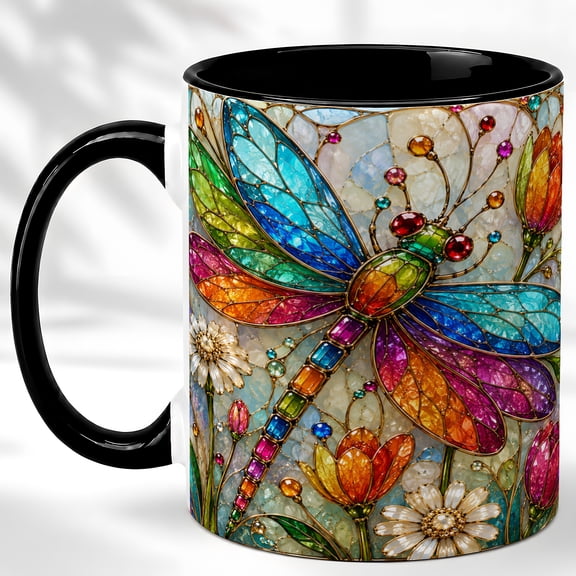 Colorful Dragonfly Coffee Mug, Garden Flower Mug, Ceramic 11 oz