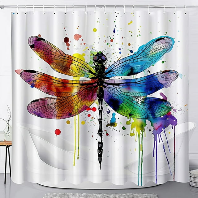 Colorful Dragonfly Kids Shower Curtain Watercolor Design White ...