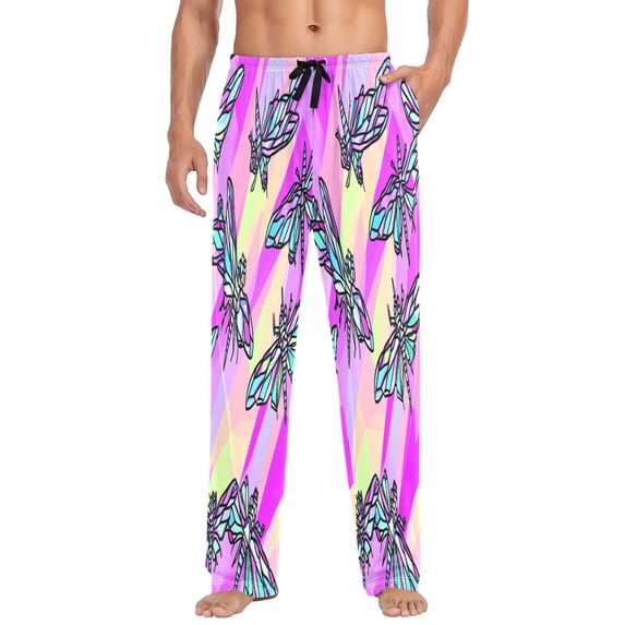 Colorful Dragonfly Pattern Mens Cotton Pajama Pants Long Staple Lightweight Sleep Bottoms with Pockets Breathable
