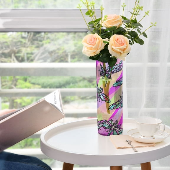 Colorful Dragonfly Pattern Plastic Vase 11.8'' x 3.9'' Transparent Non Breakable Decorative for Family