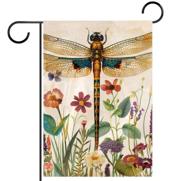 Colorful Dragonfly Wildflowers Herbs Antique Pattern Double Sided Garden Flag Decorative Weather Resistant Yard Flag, Large DIY Vertical Flag for Farmhouse Patio Lawn, 28x40 Inch